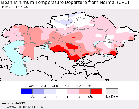 Kazakhstan Mean Minimum Temperature Departure from Normal (CPC) Thematic Map For 5/31/2021 - 6/6/2021