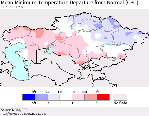 Kazakhstan Mean Minimum Temperature Departure from Normal (CPC) Thematic Map For 6/7/2021 - 6/13/2021