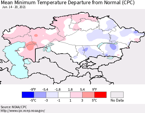 Kazakhstan Mean Minimum Temperature Departure from Normal (CPC) Thematic Map For 6/14/2021 - 6/20/2021