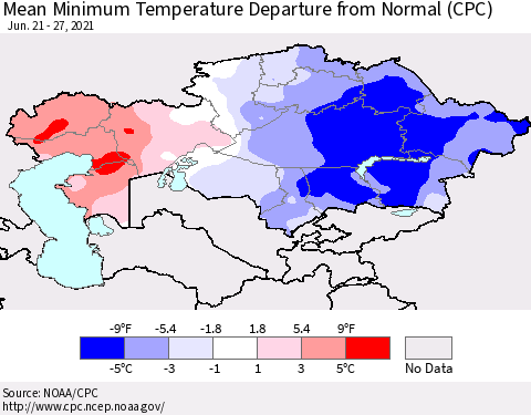 Kazakhstan Mean Minimum Temperature Departure from Normal (CPC) Thematic Map For 6/21/2021 - 6/27/2021