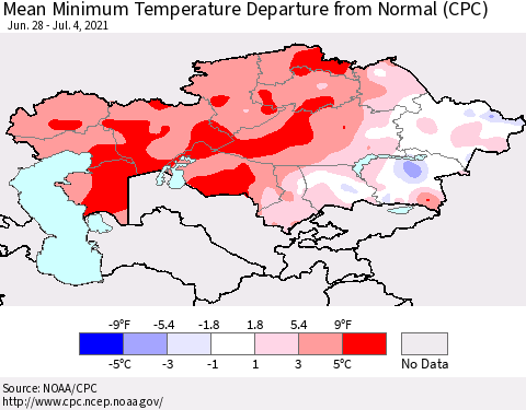 Kazakhstan Mean Minimum Temperature Departure from Normal (CPC) Thematic Map For 6/28/2021 - 7/4/2021