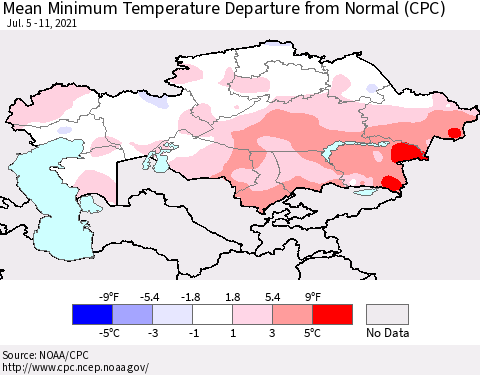 Kazakhstan Mean Minimum Temperature Departure from Normal (CPC) Thematic Map For 7/5/2021 - 7/11/2021