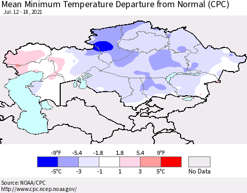 Kazakhstan Mean Minimum Temperature Departure from Normal (CPC) Thematic Map For 7/12/2021 - 7/18/2021