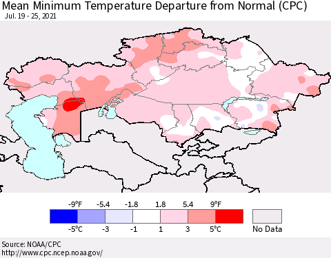 Kazakhstan Mean Minimum Temperature Departure from Normal (CPC) Thematic Map For 7/19/2021 - 7/25/2021