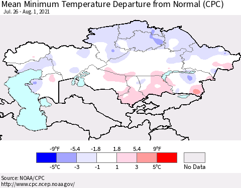 Kazakhstan Mean Minimum Temperature Departure from Normal (CPC) Thematic Map For 7/26/2021 - 8/1/2021