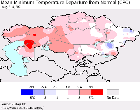 Kazakhstan Mean Minimum Temperature Departure from Normal (CPC) Thematic Map For 8/2/2021 - 8/8/2021