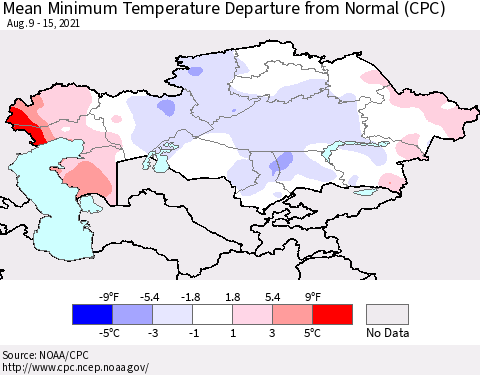 Kazakhstan Mean Minimum Temperature Departure from Normal (CPC) Thematic Map For 8/9/2021 - 8/15/2021