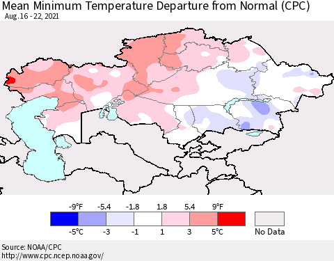 Kazakhstan Mean Minimum Temperature Departure from Normal (CPC) Thematic Map For 8/16/2021 - 8/22/2021