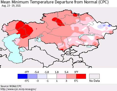Kazakhstan Mean Minimum Temperature Departure from Normal (CPC) Thematic Map For 8/23/2021 - 8/29/2021