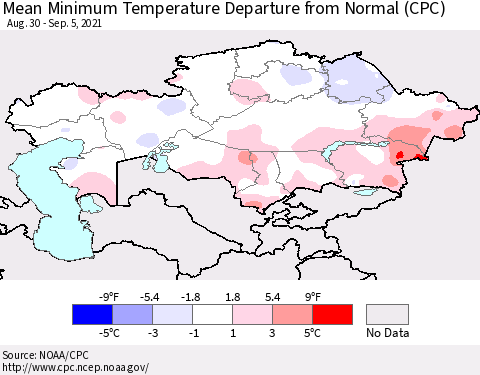 Kazakhstan Mean Minimum Temperature Departure from Normal (CPC) Thematic Map For 8/30/2021 - 9/5/2021