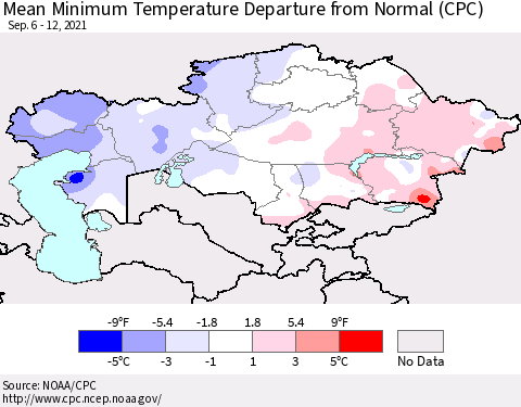 Kazakhstan Mean Minimum Temperature Departure from Normal (CPC) Thematic Map For 9/6/2021 - 9/12/2021
