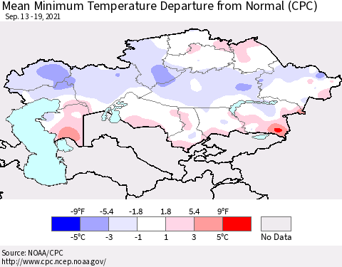 Kazakhstan Mean Minimum Temperature Departure from Normal (CPC) Thematic Map For 9/13/2021 - 9/19/2021