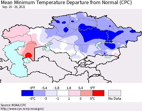 Kazakhstan Mean Minimum Temperature Departure from Normal (CPC) Thematic Map For 9/20/2021 - 9/26/2021