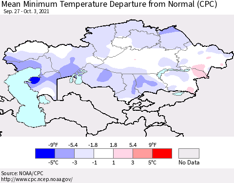 Kazakhstan Mean Minimum Temperature Departure from Normal (CPC) Thematic Map For 9/27/2021 - 10/3/2021