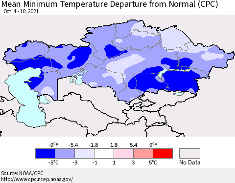 Kazakhstan Mean Minimum Temperature Departure from Normal (CPC) Thematic Map For 10/4/2021 - 10/10/2021