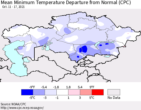 Kazakhstan Mean Minimum Temperature Departure from Normal (CPC) Thematic Map For 10/11/2021 - 10/17/2021