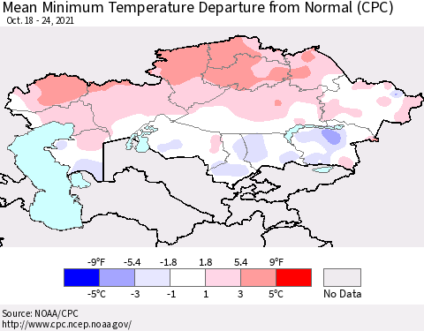 Kazakhstan Mean Minimum Temperature Departure from Normal (CPC) Thematic Map For 10/18/2021 - 10/24/2021