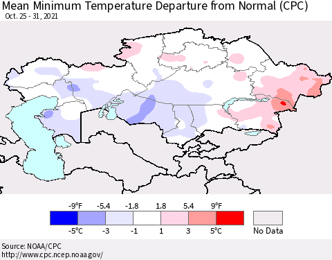 Kazakhstan Mean Minimum Temperature Departure from Normal (CPC) Thematic Map For 10/25/2021 - 10/31/2021