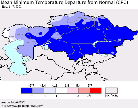 Kazakhstan Mean Minimum Temperature Departure from Normal (CPC) Thematic Map For 11/1/2021 - 11/7/2021