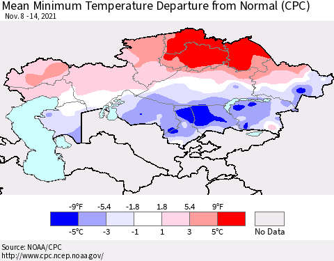 Kazakhstan Mean Minimum Temperature Departure from Normal (CPC) Thematic Map For 11/8/2021 - 11/14/2021