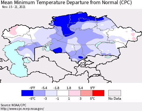 Kazakhstan Mean Minimum Temperature Departure from Normal (CPC) Thematic Map For 11/15/2021 - 11/21/2021