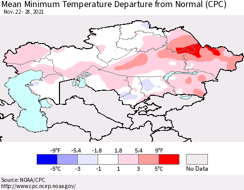 Kazakhstan Mean Minimum Temperature Departure from Normal (CPC) Thematic Map For 11/22/2021 - 11/28/2021