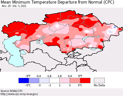 Kazakhstan Mean Minimum Temperature Departure from Normal (CPC) Thematic Map For 11/29/2021 - 12/5/2021