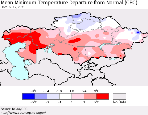 Kazakhstan Mean Minimum Temperature Departure from Normal (CPC) Thematic Map For 12/6/2021 - 12/12/2021
