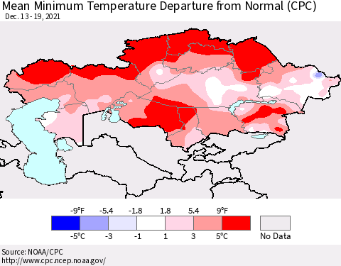 Kazakhstan Mean Minimum Temperature Departure from Normal (CPC) Thematic Map For 12/13/2021 - 12/19/2021