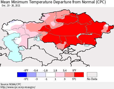 Kazakhstan Mean Minimum Temperature Departure from Normal (CPC) Thematic Map For 12/20/2021 - 12/26/2021