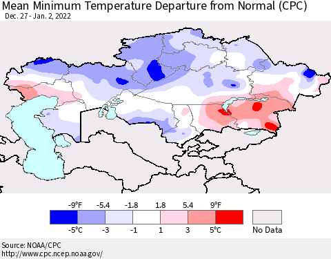 Kazakhstan Mean Minimum Temperature Departure from Normal (CPC) Thematic Map For 12/27/2021 - 1/2/2022