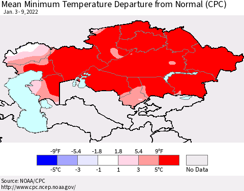 Kazakhstan Mean Minimum Temperature Departure from Normal (CPC) Thematic Map For 1/3/2022 - 1/9/2022