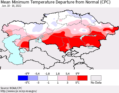 Kazakhstan Mean Minimum Temperature Departure from Normal (CPC) Thematic Map For 1/10/2022 - 1/16/2022