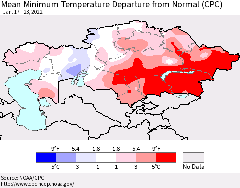Kazakhstan Mean Minimum Temperature Departure from Normal (CPC) Thematic Map For 1/17/2022 - 1/23/2022