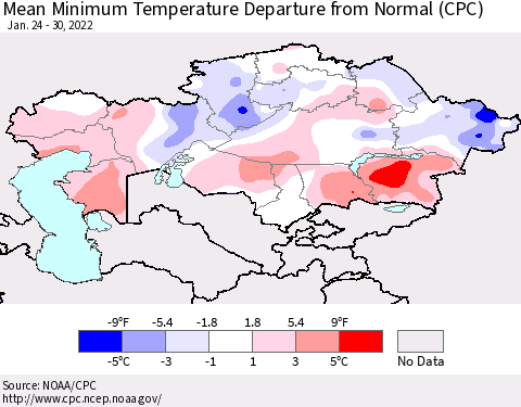 Kazakhstan Mean Minimum Temperature Departure from Normal (CPC) Thematic Map For 1/24/2022 - 1/30/2022