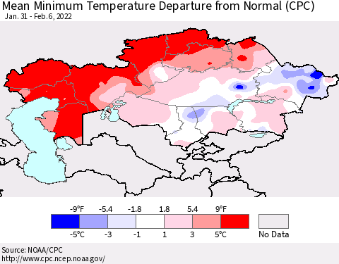 Kazakhstan Mean Minimum Temperature Departure from Normal (CPC) Thematic Map For 1/31/2022 - 2/6/2022