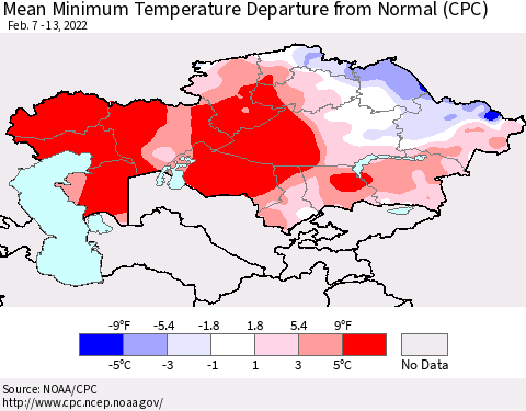 Kazakhstan Mean Minimum Temperature Departure from Normal (CPC) Thematic Map For 2/7/2022 - 2/13/2022