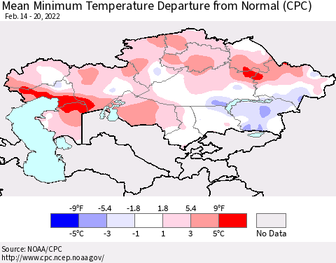 Kazakhstan Mean Minimum Temperature Departure from Normal (CPC) Thematic Map For 2/14/2022 - 2/20/2022