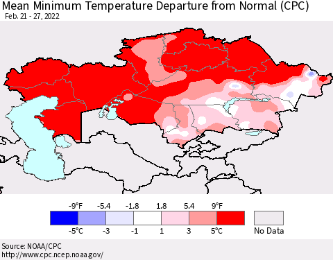 Kazakhstan Mean Minimum Temperature Departure from Normal (CPC) Thematic Map For 2/21/2022 - 2/27/2022
