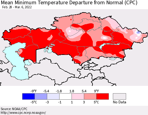 Kazakhstan Mean Minimum Temperature Departure from Normal (CPC) Thematic Map For 2/28/2022 - 3/6/2022