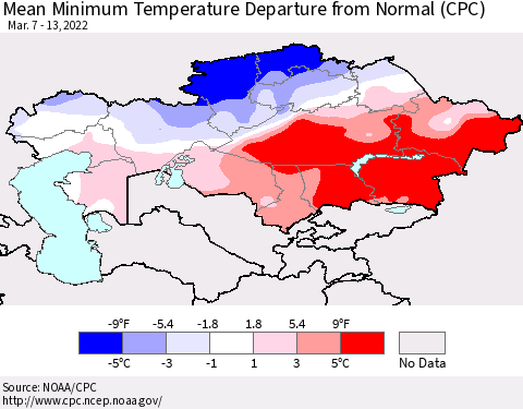 Kazakhstan Mean Minimum Temperature Departure from Normal (CPC) Thematic Map For 3/7/2022 - 3/13/2022