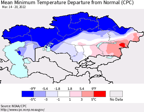 Kazakhstan Mean Minimum Temperature Departure from Normal (CPC) Thematic Map For 3/14/2022 - 3/20/2022