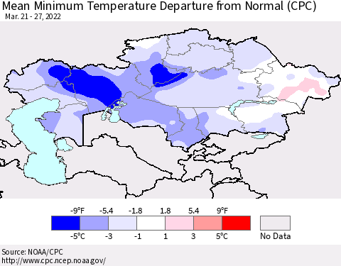 Kazakhstan Mean Minimum Temperature Departure from Normal (CPC) Thematic Map For 3/21/2022 - 3/27/2022