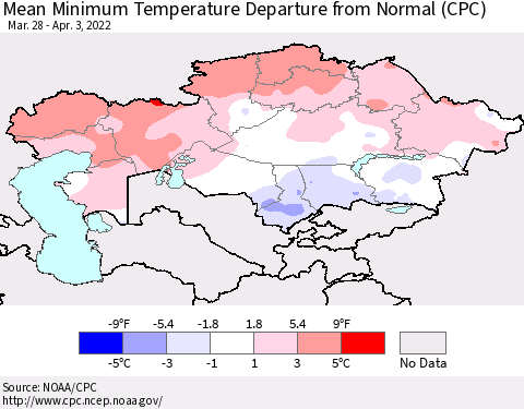 Kazakhstan Mean Minimum Temperature Departure from Normal (CPC) Thematic Map For 3/28/2022 - 4/3/2022
