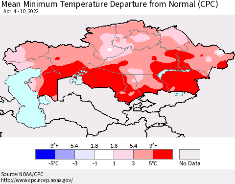 Kazakhstan Mean Minimum Temperature Departure from Normal (CPC) Thematic Map For 4/4/2022 - 4/10/2022