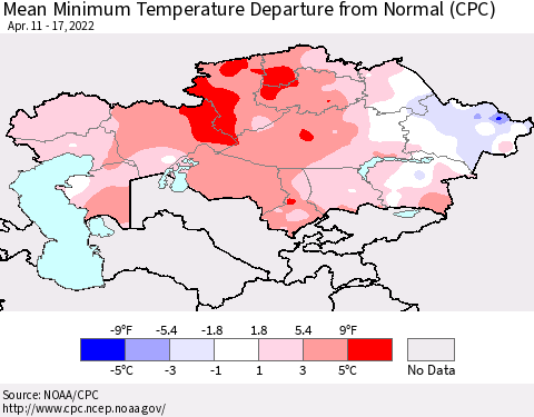 Kazakhstan Mean Minimum Temperature Departure from Normal (CPC) Thematic Map For 4/11/2022 - 4/17/2022