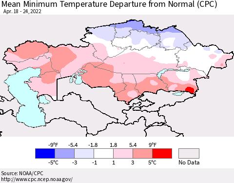 Kazakhstan Mean Minimum Temperature Departure from Normal (CPC) Thematic Map For 4/18/2022 - 4/24/2022