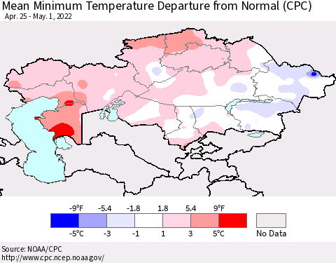 Kazakhstan Mean Minimum Temperature Departure from Normal (CPC) Thematic Map For 4/25/2022 - 5/1/2022