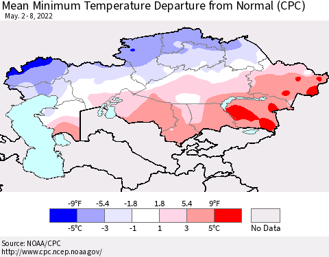 Kazakhstan Mean Minimum Temperature Departure from Normal (CPC) Thematic Map For 5/2/2022 - 5/8/2022