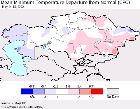 Kazakhstan Mean Minimum Temperature Departure from Normal (CPC) Thematic Map For 5/9/2022 - 5/15/2022